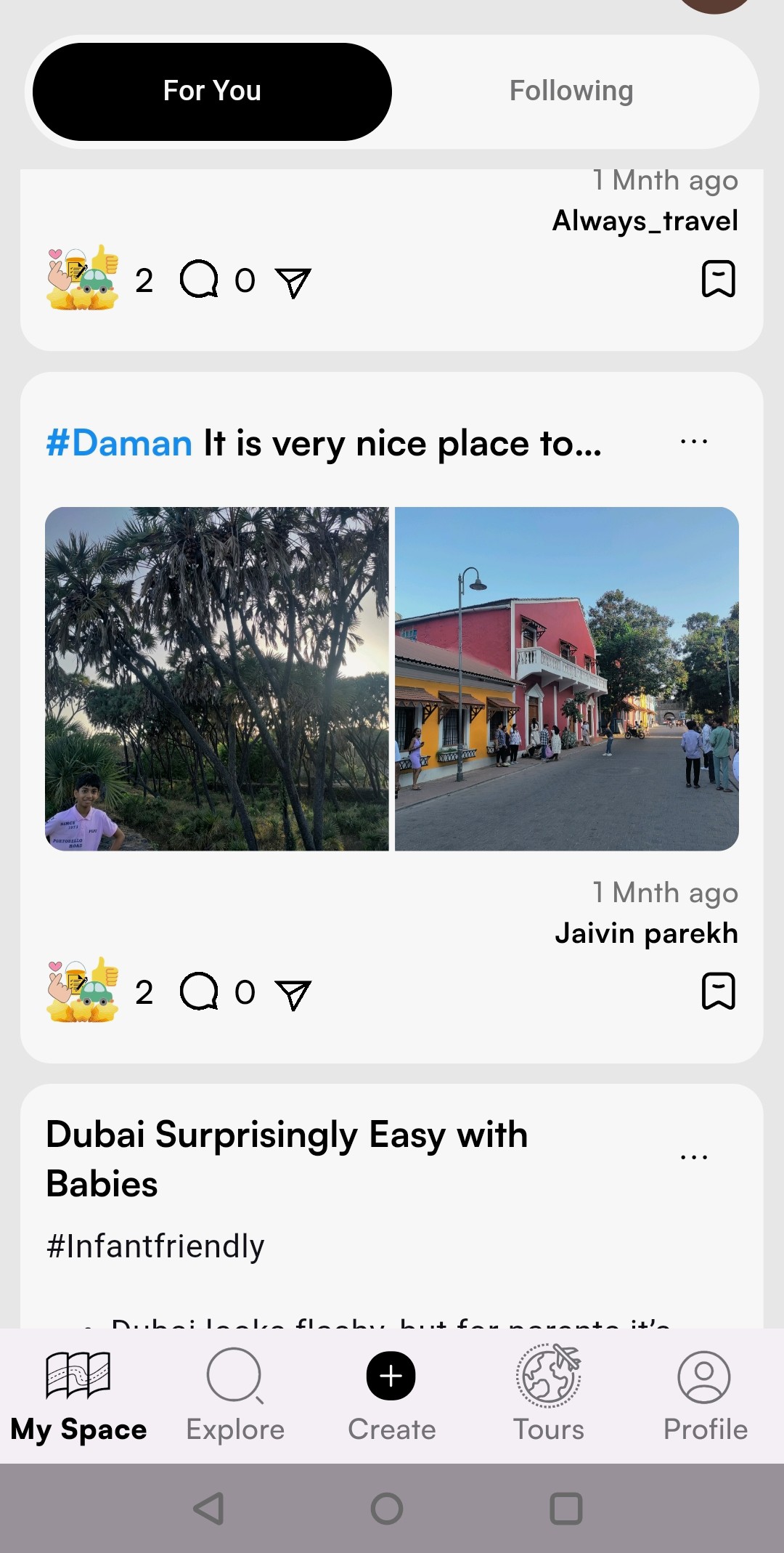 Tourpothy app home feed showing a personalised travel memory wall