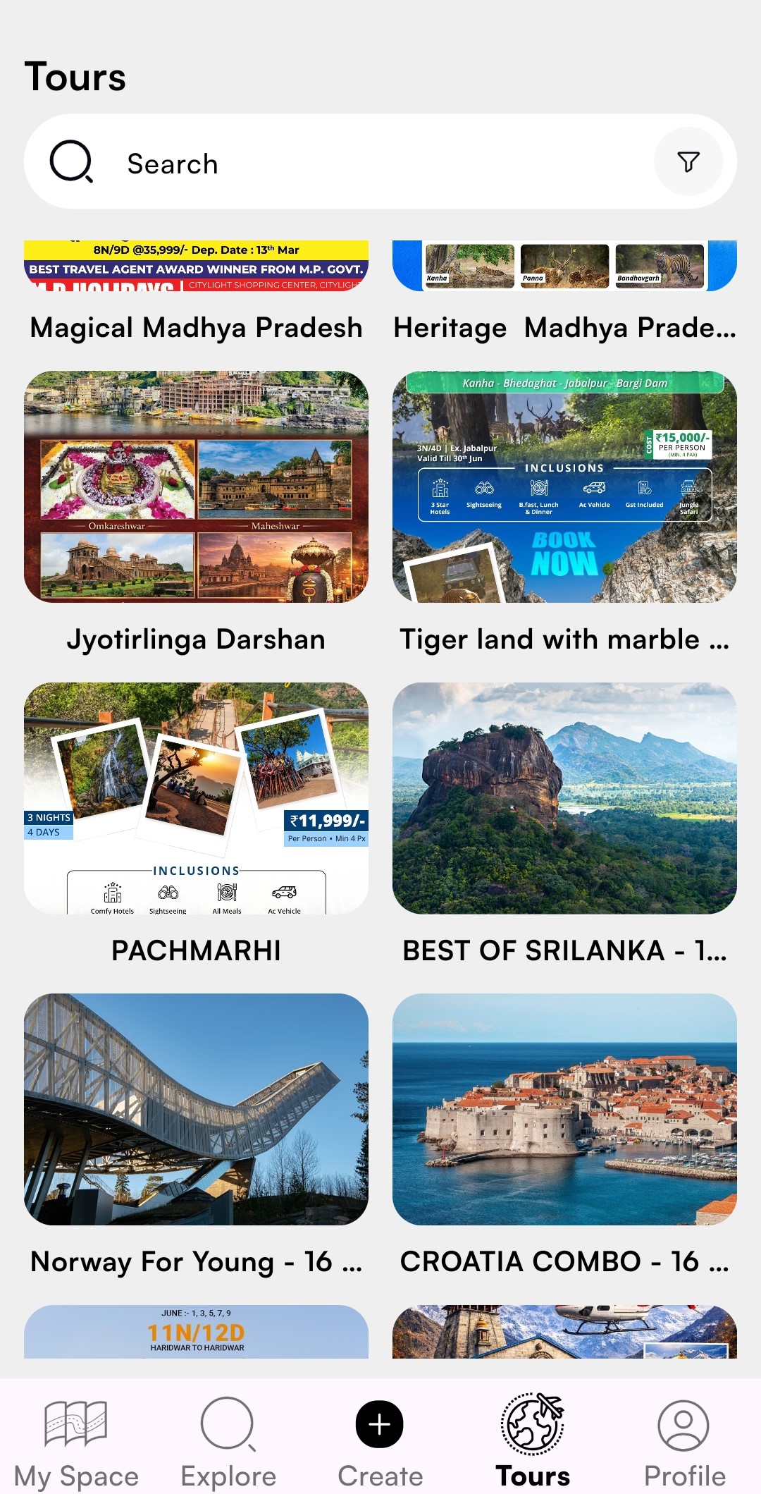 Tourpothy tour packages listing screen with curated travel experiences